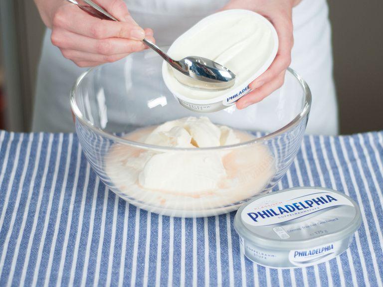 In a large bowl, combine cream cheese and yogurt. Stir well to combine. Pour gelatin mixture into the cream cheese mixture and whisk to combine.