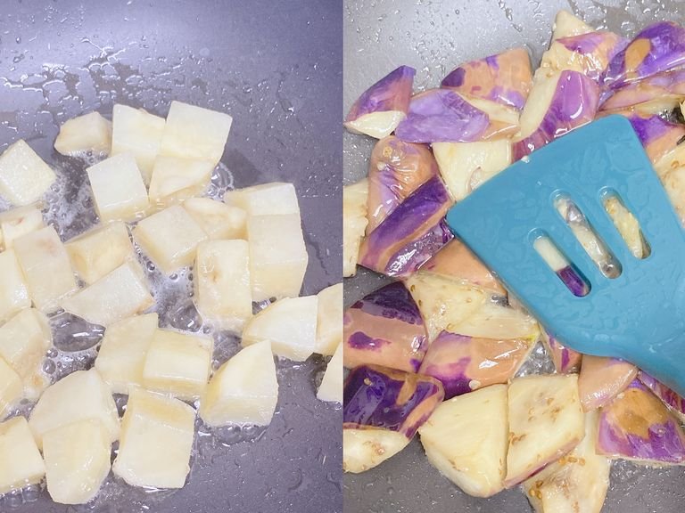 Fry the three vegetables individually until they’re cooked. I like to microwave the potatoes and eggplants each for 2 minutes to speed up the process. After that, it typically takes me 8 minutes to fully cook the potato cubes, 5 minutes for the eggplants, and 20 seconds for the peppers.