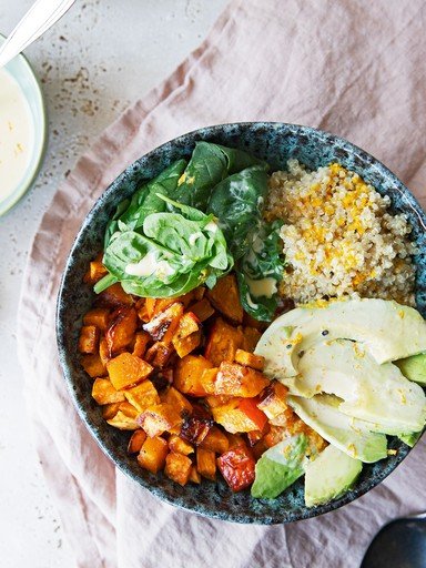 Buddha bowl with pepper-orange topping