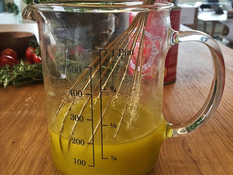 Mix remaining water and olive oil.