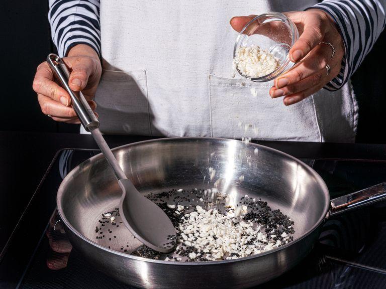 Bring a large pot of salted water to the boil for the pasta. To make the crunchy topping, heat toasted sesame oil in a pan over medium-high heat. Add panko breadcrumbs and black sesame seeds and toast until browned, approx. 2 min, tossing frequently. Remove from heat and transfer to a bowl.