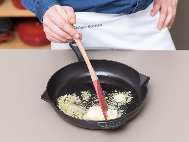 Add oil to the preheated cast iron pan and put it back into the oven for approx. 5 min., or until the oil just starts to smoke. Remove pan from oven, add butter and carefully turn pan until butter is melted.