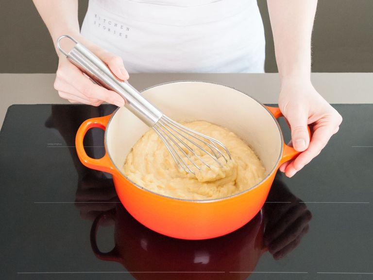 Meanwhile, make pastry cream: heat milk and vanilla bean pod in a medium saucepan over medium-low heat until it comes to a simmer. Set aside to let vanilla infuse for 30 min. In a separate mixing bowl, whisk together egg yolks, sugar, cornstarch, and salt until pale and smooth. When milk is done steeping, scrape vanilla seeds into milk and discard the pod. Reheat milk gently, then slowly whisk it into egg mixture. Transfer mixture back to saucepan and cook on medium-low heat until it bubbles and thickens, whisking constantly. Turn heat down and let simmer for 1 – 2 min. more, then take it off the heat. If the cream is lumpy, pass it through a sieve. Transfer pastry cream to a clean bowl and cover with plastic wrap, pressing the plastic onto the surface of cream to prevent a film from forming. Refrigerate until completely cool.