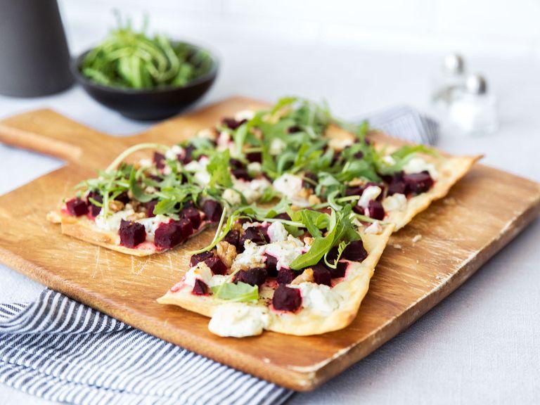 Red beet and goat cheese tarte flambée