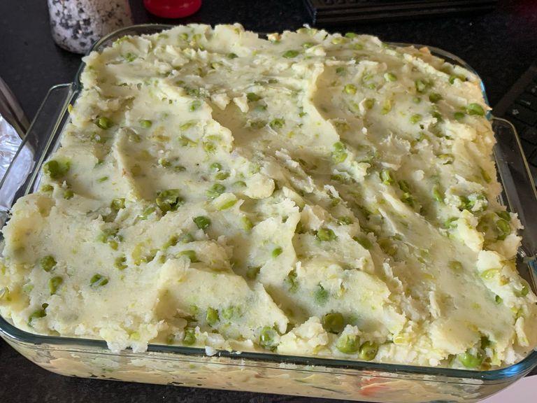 Top with the pea-spiked mash and smooth out, scuffing it up slightly with a fork to give it texture that will crisp up. Bake for 30-40 minutes, or until beautifully golden. Serve with a good old helping of baked beans (if you like). Delicious!