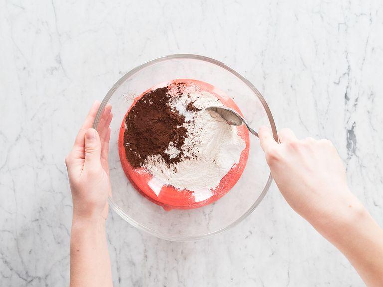 In another mixing bowl, stir together flour, cocoa powder, baking powder, and salt.
