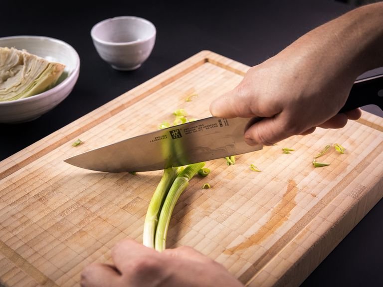 Use a mandoline to slice white cabbage into thin strips. Finely slice scallion.