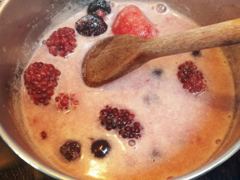 When the milk starts the first boil, remove from the fire and add the mix of berries. Mix it and let it rest.