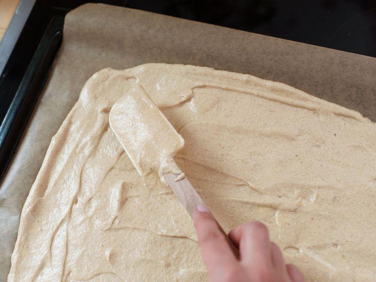 Pour batter onto a parchment-lined baking sheet and smooth out to about 1.5 cm/0.5 inches high. Bake at 200°C/390°F for approx. 8 - 10 min., or until lightly browned.