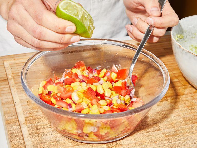 Make a quick guacamole by mashing the avocado with some lime juice to taste, then season with salt and pepper. Set aside. Drain corn, then dice tomato and deseeded red bell pepper. In a small bowl, mix together corn, tomatoes, bell pepper, and remaining red onion. Season to taste with olive oil, lime juice, salt, and pepper.