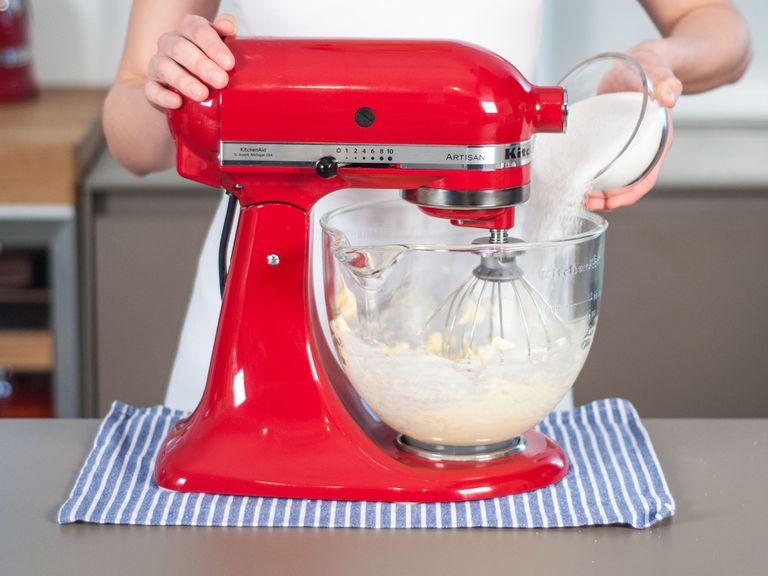 Preheat oven to 180°C/350°F. Beat butter in a stand mixer until creamy. Add sugar and beat until well combined.