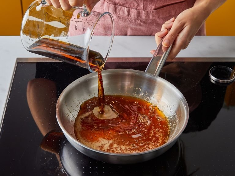 Add honey to the wiped out frying pan and bring to a simmer. Stir often, until the honey is slightly foamy and warmed through, then remove from heat and add sherry vinegar, stirring constantly until sauce is smooth.