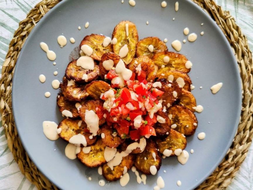 Fried Sweet Plantains w/ Bruschetta & Chipotle Drizzle