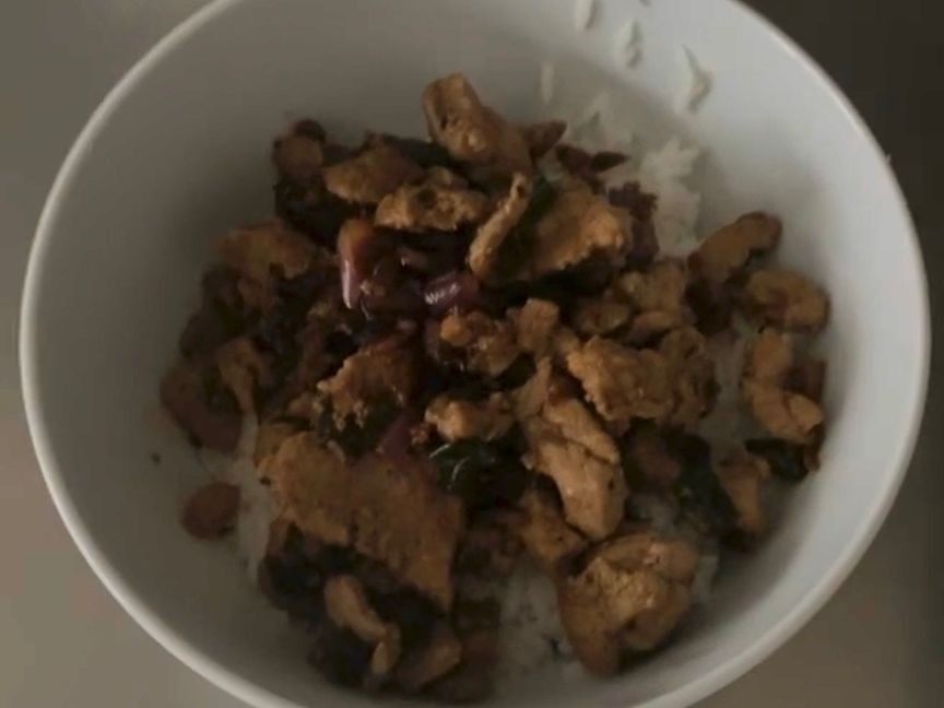 Stir-fried chicken with soy sauce and rice