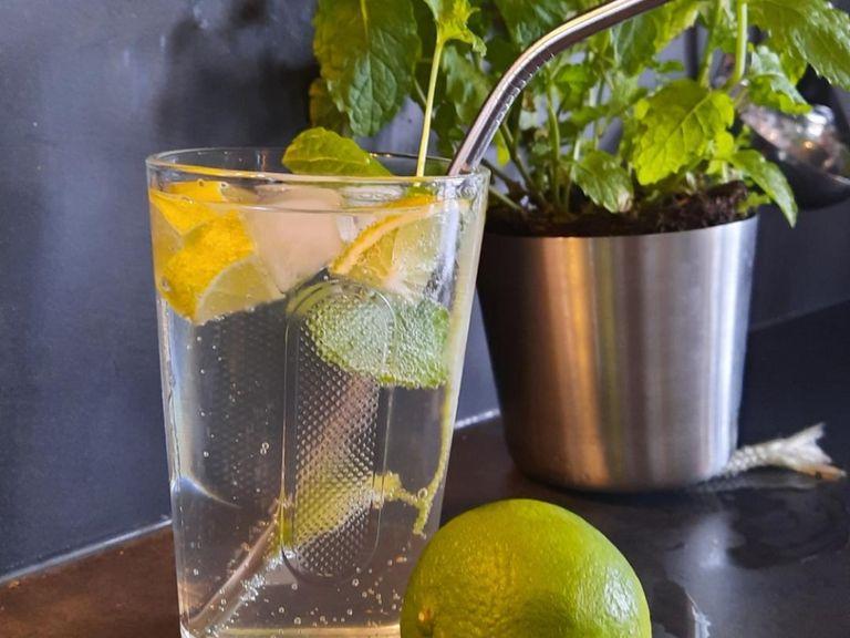 For the lemonade, divide add lime quarters to a glass, pressing them slightly. Add a sprig of mint and ice cubes. Add approx 1cm (1/3 in) of syrup to the bottle of the glass and top up with half tonic water, half soda water. Adjust syrup to your own liking.