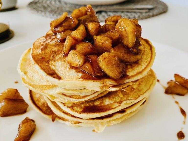 Stack your pancakes on a plate, and place a spoonful of your apples on top and enjoy.