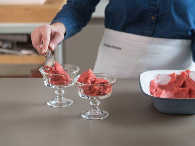 Return to freezer if needed, or serve straight from the food processor. If the sorbet is too hard, let it soften in the fridge for approx. 15 min. Enjoy!