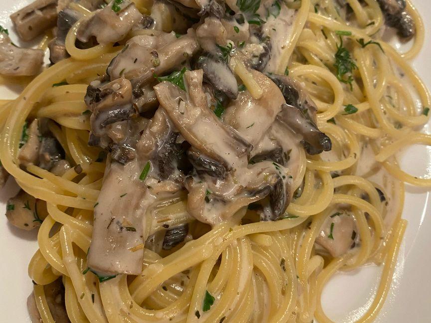 Vegan gluten free pasta with mushrooms