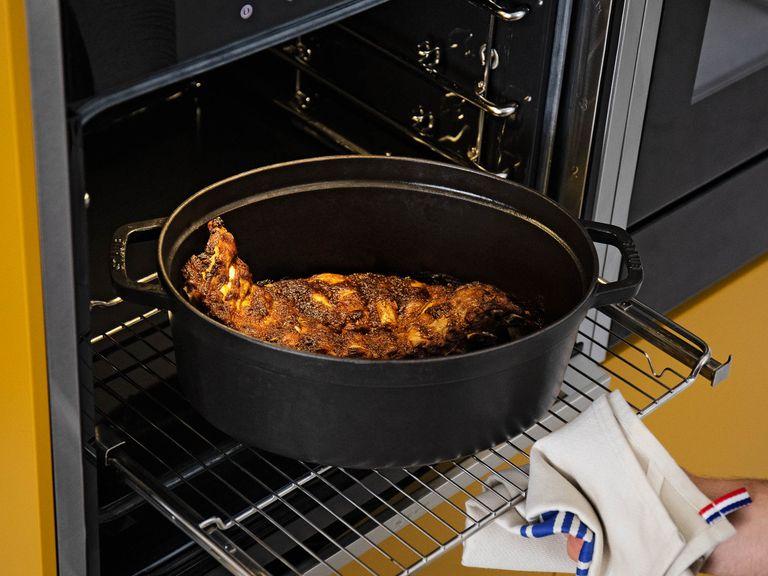 After the ribs have cooked for 45 min., increase the heat to 200°C/390°F. Take out the pot and remove the lid. Return the pot to the oven and let cook for a further 10 min. Serve ribs with the charred corn salad. Enjoy!