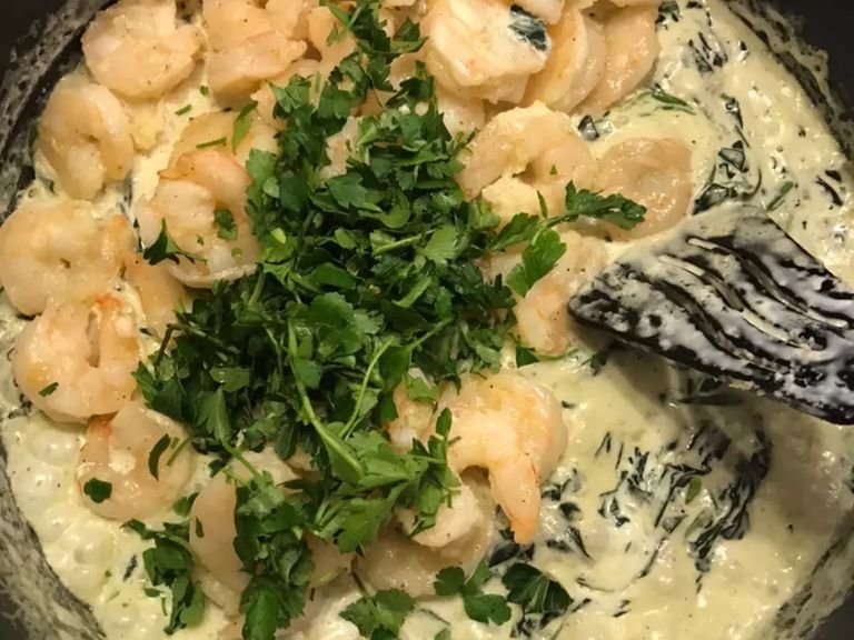 Then add shrimp and parsley.