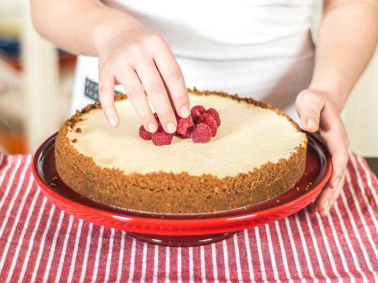 Allow the cheesecake to cool on a cake rack for approx. 15 – 20 min. Now, cover and chill for at least 8 hours. Serve with a garnish of fresh berries.