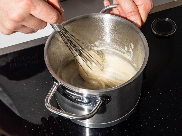 To make the tangzhong mixture, add some flour and water to a pot over medium heat. Whisk constantly until tangzhong thickens, approx. 5 - 7 min. Transfer tangzhong to a small bowl and set aside to cool.