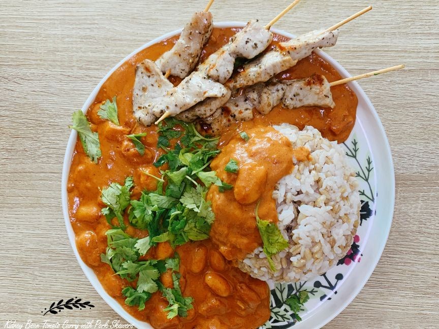 Tomato Butter Bean Curry with Pork Skewers