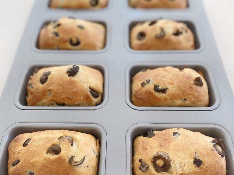 After the dough rises, transfer to the desired pan. I use mini loaf pans or cupcake pans; the portion size is perfect as a side for lunch or dinner meals. Proof the dough for about 15-20 minutes before placing it in the oven.