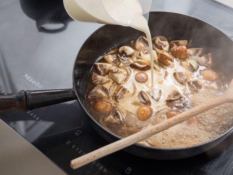 Deglaze with white wine and simmer for approx. 2 – 3 min. over medium heat. Add cream and chicken stock and simmer for approx. 20  min. until sauce is thickened. Season with salt and pepper, then add pork back to the pan.