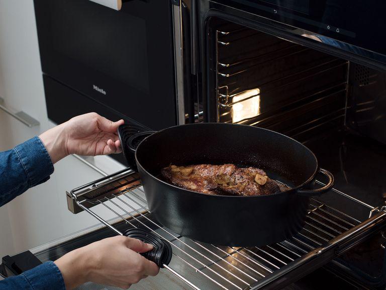 Place meat back in pot and cover with lid. Transfer pan to oven and roast at 160°C/325°F for approx. 2.5 hrs. Remove lid and place back in oven for approx. 30 min. more. Remove brisket form pot, cover with aluminum foil ,and let rest for approx. 15 min.