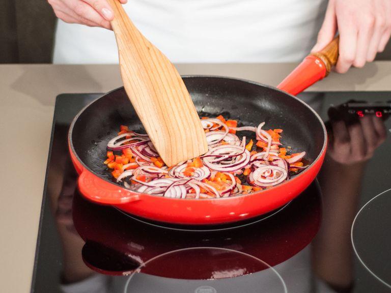 Heat up butter in a frying pan and sauté onions over medium heat for approx. 1 – 2 minutes. Then, add the bell pepper and continue to sauté for an additional 2 – 3 min.