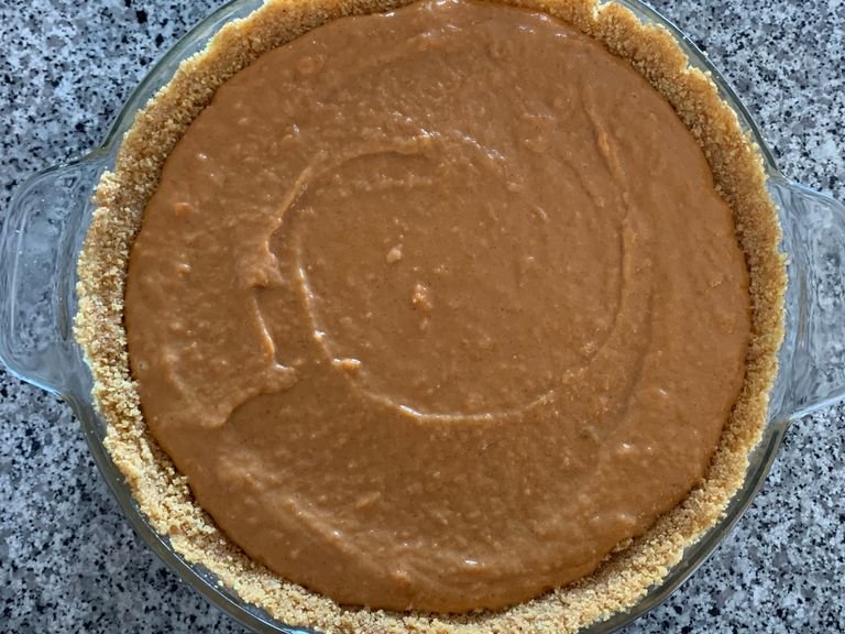 Place the sweet potato mixture on the crust. Bake 350 F for one hour.