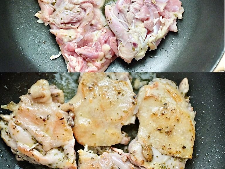 Put the olive oil into a pan with medium heat , add the chicken thighs , skin side down , and cook until browned on 2 sides . Transfer to a plate .