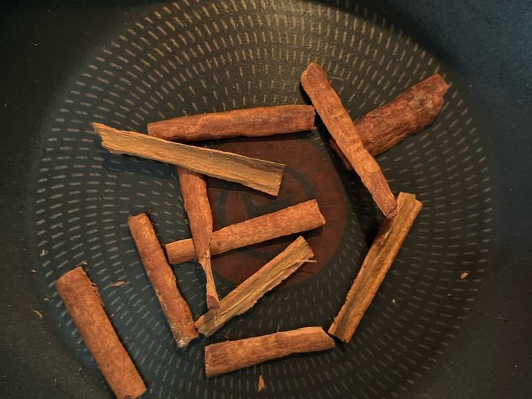Break up cinnamon and dry roast.