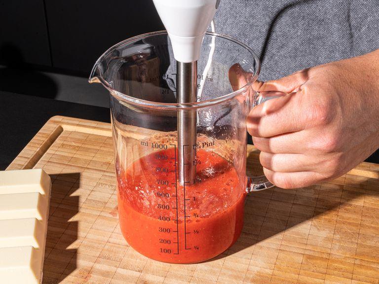 Whip the heavy cream with half of the sugar and set aside. For the strawberry sauce, hull strawberries and add to a liquid measuring cup. Add the other half of the sugar and blend with an immersion blender until smooth.