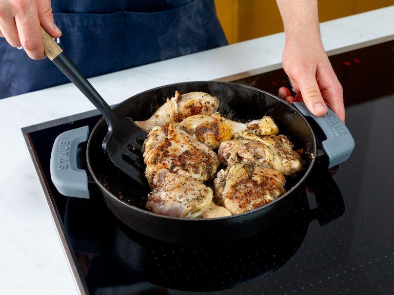 Heat a cast iron pan with a thin layer of oil until the oil just starts to smoke. Fry the chicken for approx. 2 – 3 minutes on both sides until slightly charred.