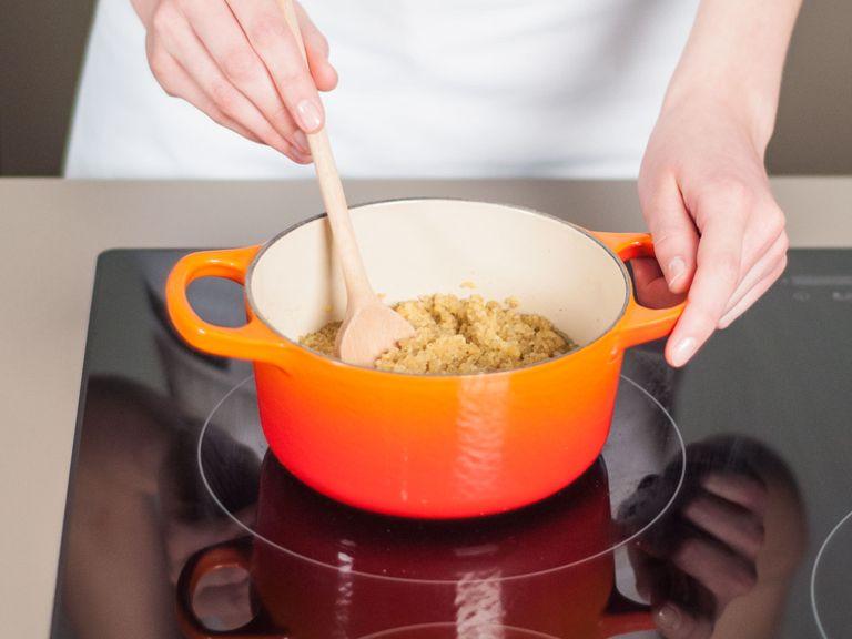 Meanwhile, add vegetable stock to a small saucepan and bring to a simmer. Remove from heat, stir in bulgur and cover with a lid. Let stand for approx. 15 - 20 min. until tender. If necessary, drain excess water.
