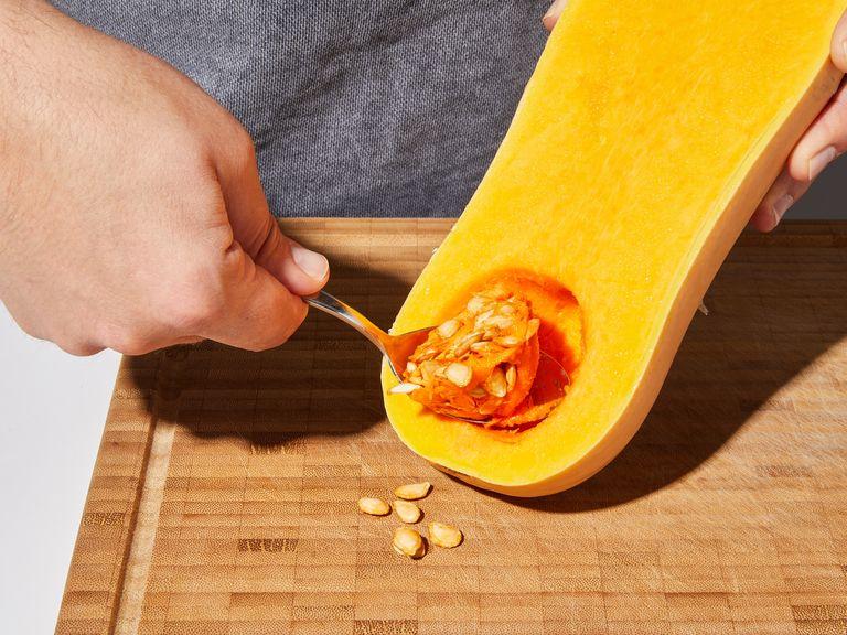 Preheat oven to 215°C/425°F. Carefully slice butternut squash in half lengthwise to expose the flesh and seeds. Scoop out the seeds with a spoon and discard (or wash and save for another use). Place the squash on a lined baking sheet and rub the cut-side with olive oil. Season with salt and turn over so the skin side is facing up. Transfer to the oven and let roast for approx. 20 min.
