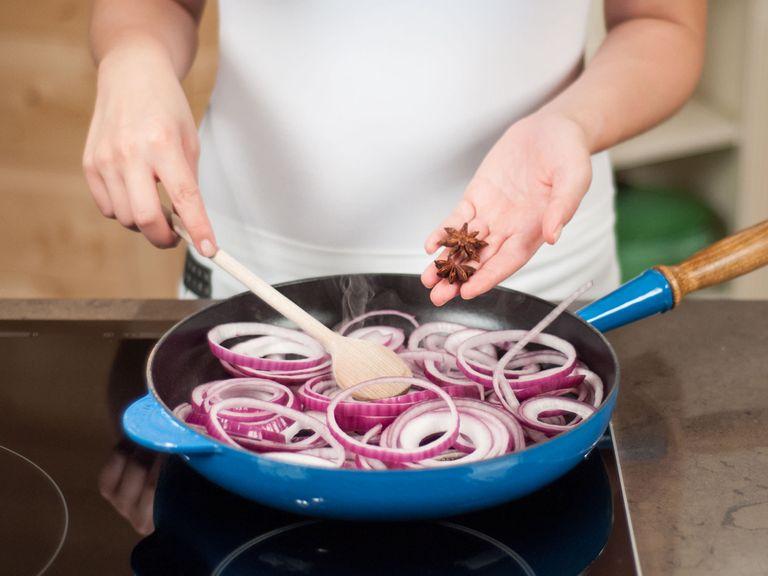 In a frying pan, sauté onions in some vegetable oil on medium-low heat for approx. 5 – 7 min. Add garlic, cayenne pepper, and star anise and continue to sauté for approx. 1 – 2 min.
