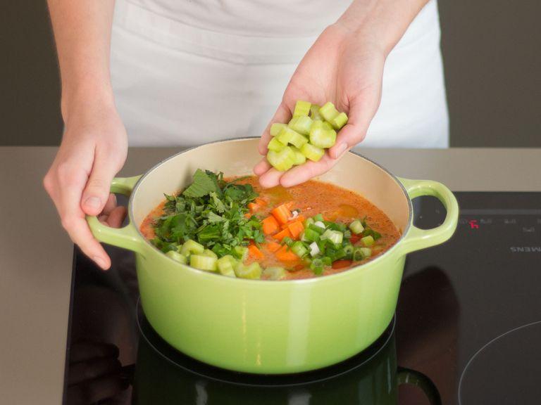 Add tomatoes, carrots, green onions, red onions, cilantro, mint, and celery to soup. Season to taste with salt and pepper. Allow to simmer for approx. 3 – 5 min. until the vegetables are firm to the bite. Enjoy with a dollop of homemade crème fraîche or some soy yoghurt as a vegan option!