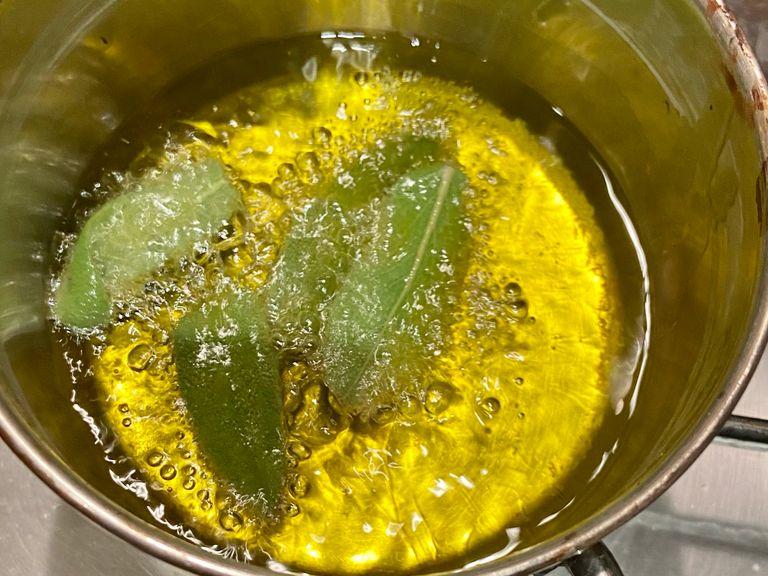 Optional - heat some oil on a saucer and quickly deep fry remaining sage leaves. It’s only takes seconds once oil is up to temperature.