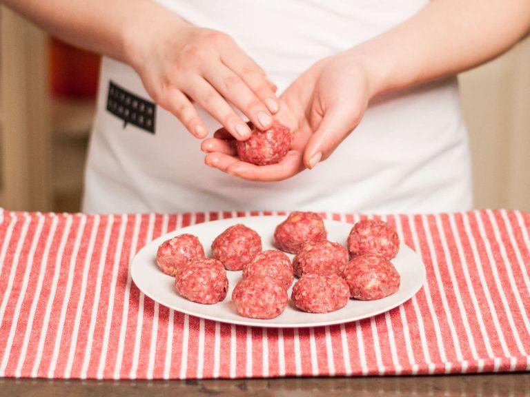 Form beef mixture into balls (approx. 3 cm), place on a plate, cover, and cool for approx. 20 – 30 min.
