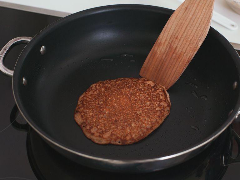 Add a knob of coconut oil to pan and melt over a medium heat. When pan is hot, add 2 – 3 tbsp. of batter for each pancake. Fry for approx. 30 sec. until large bubbles appear on top, then flip. Remove from heat when golden brown on both sides. Enjoy!