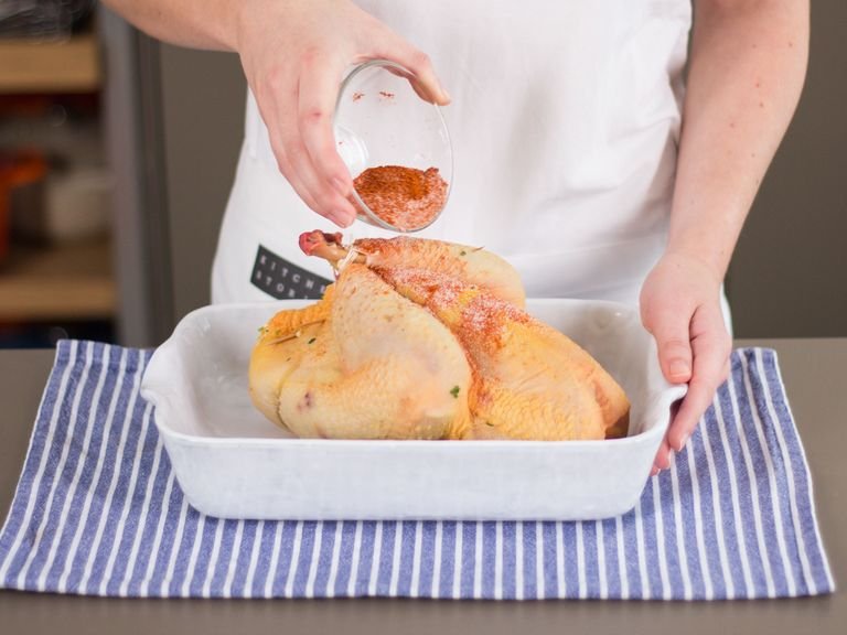 Place chicken into a baking dish and rub salt, pepper and paprika into the skin. Transfer to preheated oven.
