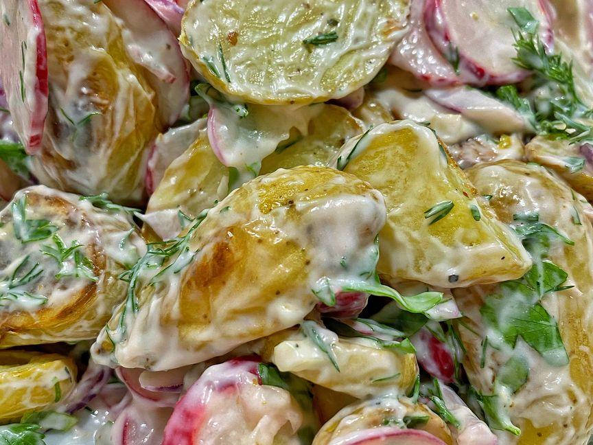Oven roasted potato salad with herb dressing