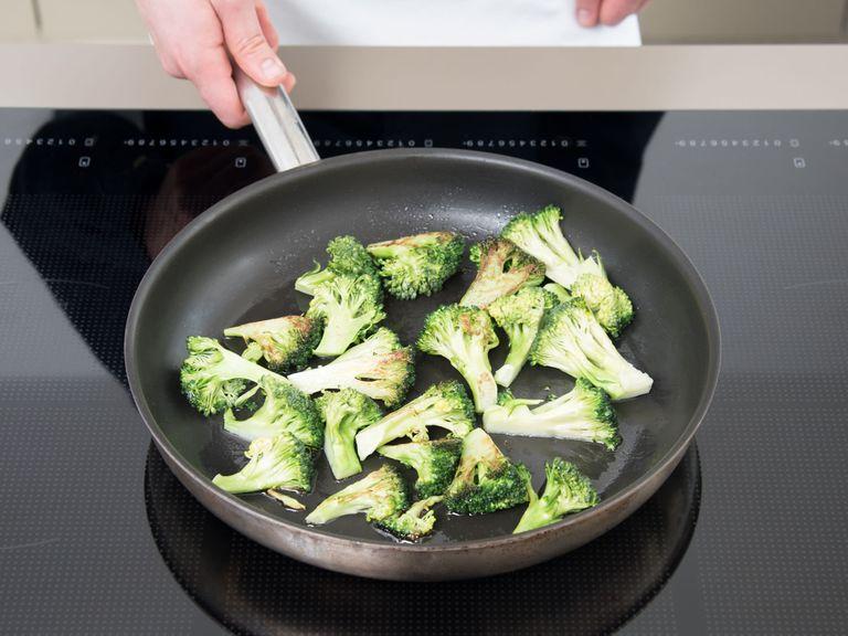 Coat a frying pan with oil and let it heat up. Fry broccoli florets, in batches if necessary, over medium high heat for approx. 5 minutes on either side or until they are charred to your preference. Season with a little salt.