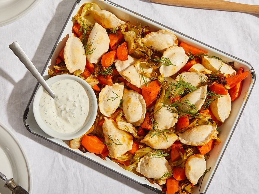Easy sheet pan pierogi with vegetables and dill dip