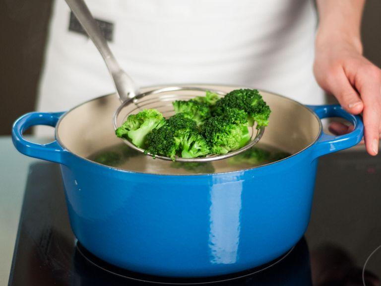 In a large saucepan, blanch broccoli florets in salted boiling water for approx. 1 – 2 min. until crisp/tender.