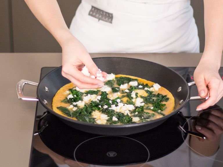 Melt butter in frying pan, add eggs. Simmer on medium-low heat for approx. 1 min., then sprinkle spinach and feta on top.