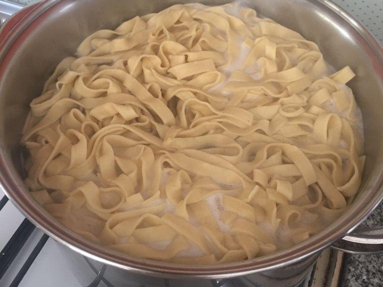 set water to boil, and season it with salt. Once it is boiling, add the pasta, and cook for 4-5 minutes. (fresh pasta cooks quicker since it doesn’t need to hydrate as well as cook)